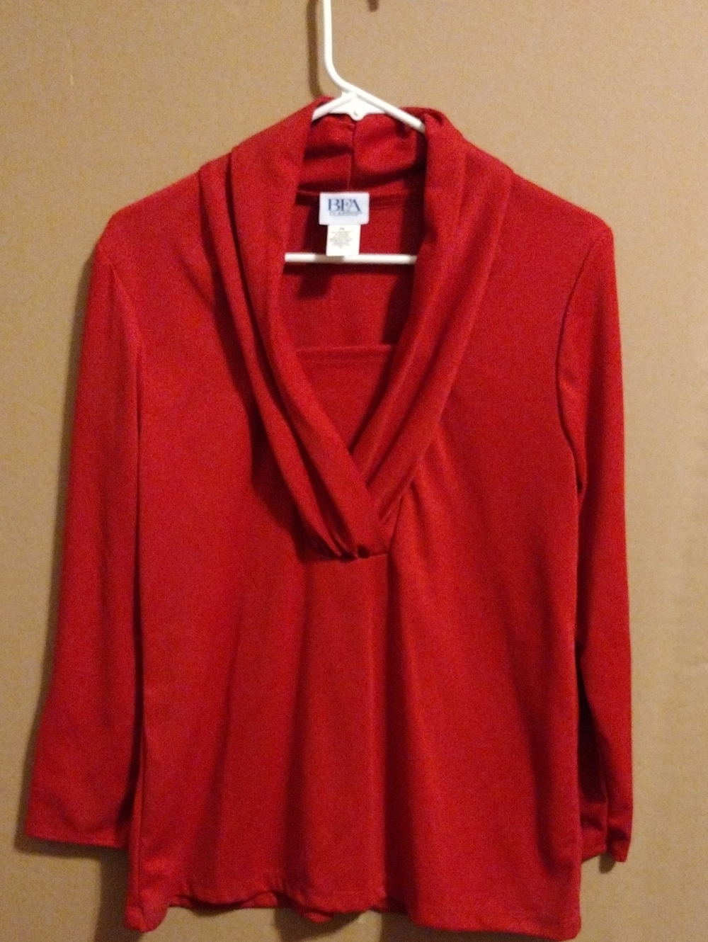 BFA Classic Red Draped Cowl-Neck Top Long Sleeve Blouse Top